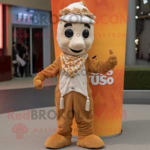 Rust Pop Corn mascot costume character dressed with a Chinos and Scarves