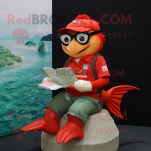 Red Cod mascot costume character dressed with a Polo Tee and Reading glasses