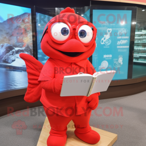 Red Cod mascot costume character dressed with a Polo Tee and Reading glasses