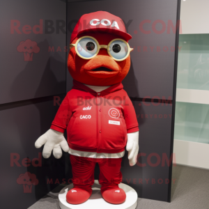 Red Cod mascot costume character dressed with a Polo Tee and Reading glasses