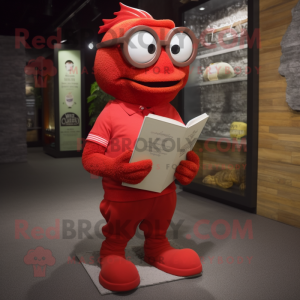 Red Cod mascot costume character dressed with a Polo Tee and Reading glasses