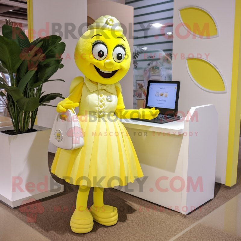 Lemon Yellow Computer mascot costume character dressed with a Pleated Skirt and Handbags Lemon Yellow Computer mascot costume character dressed with a Pleated Skirt and Handbags