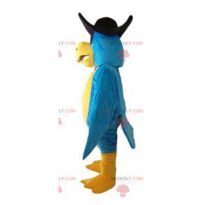 Blue and yellow parrot mascot with a black hat - Redbrokoly.com