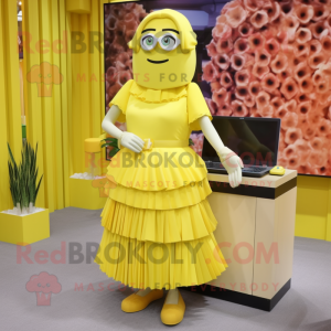 Lemon Yellow Computer mascot costume character dressed with a Pleated Skirt and Handbags