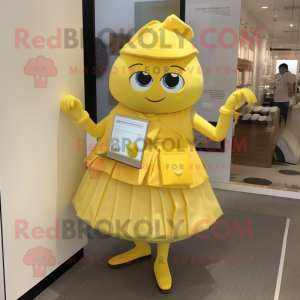 Lemon Yellow Computer mascot costume character dressed with a Pleated Skirt and Handbags