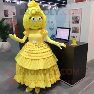 Lemon Yellow Computer mascot costume character dressed with a Pleated Skirt and Handbags