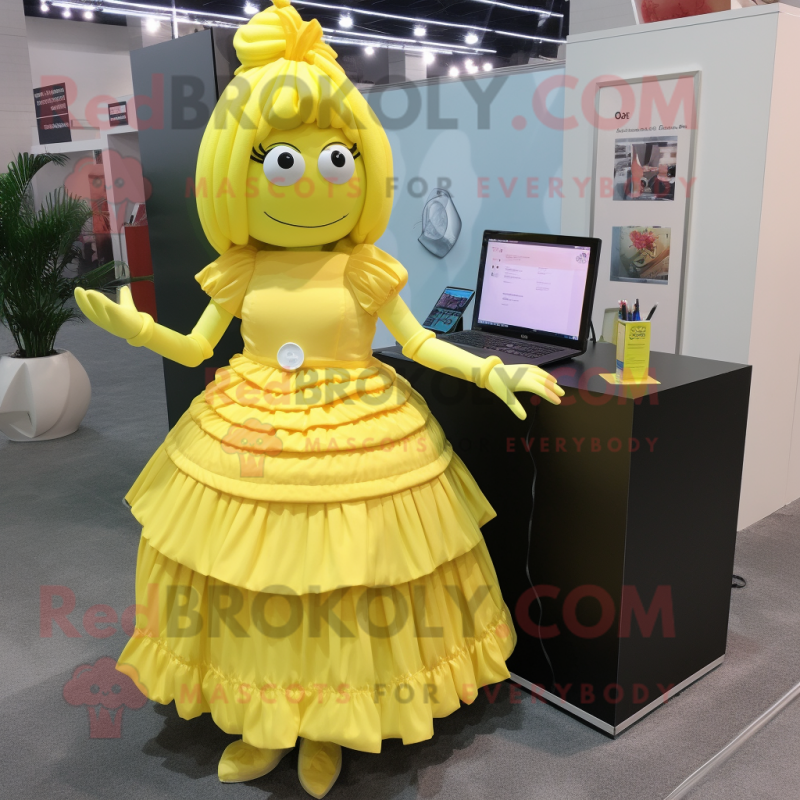 Lemon Yellow Computer mascot costume character dressed with a Pleated Skirt and Handbags Lemon Yellow Computer mascot costume character dressed with a Pleated Skirt and Handbags