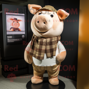 Tan Pig mascot costume character dressed with a Jumpsuit and Scarves