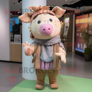 Tan Pig mascot costume character dressed with a Jumpsuit and Scarves