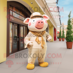 Tan Pig mascot costume character dressed with a Jumpsuit and Scarves