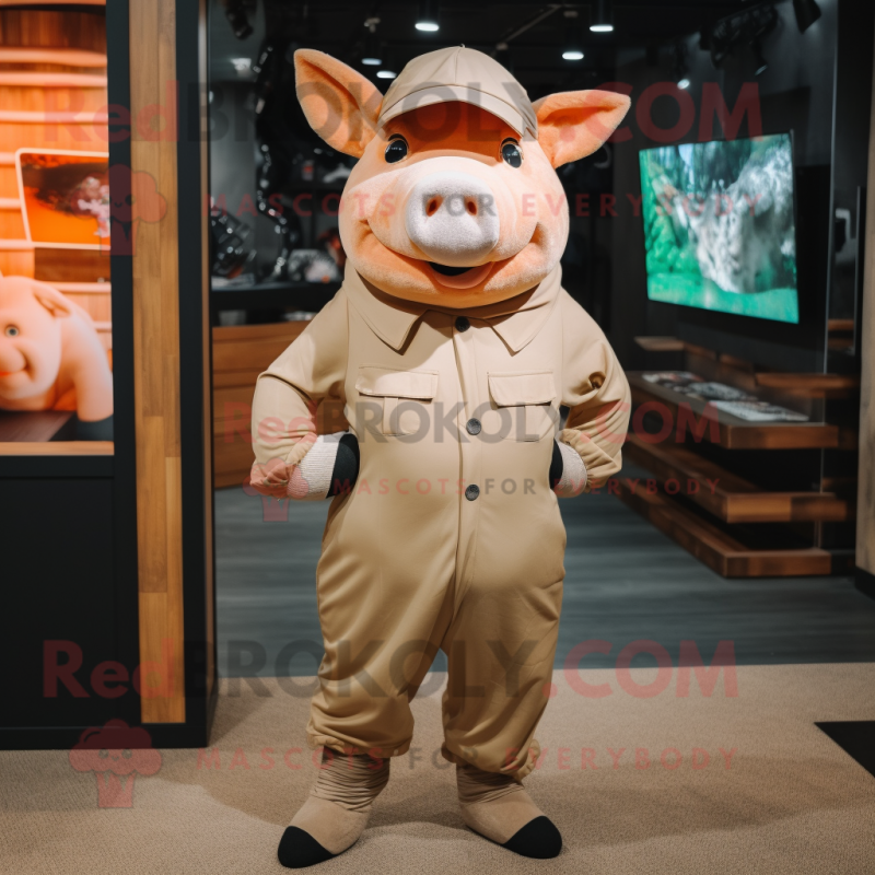 Tan Pig mascot costume character dressed with a Jumpsuit and Scarves