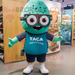 Teal Tacos mascot costume character dressed with a Bermuda Shorts and Eyeglasses