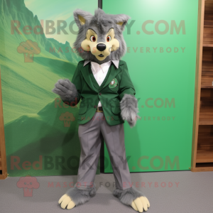 Green Wolf mascot costume character dressed with a Coat and Pocket squares