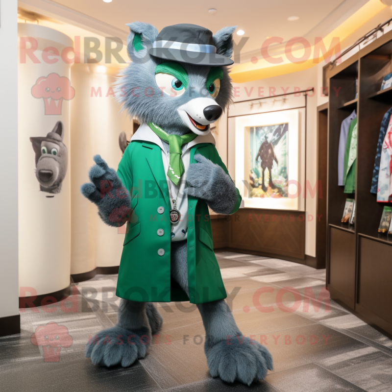 Green Wolf mascot costume character dressed with a Coat and Pocket squares Green Wolf mascot costume character dressed with a Coat and Pocket squares