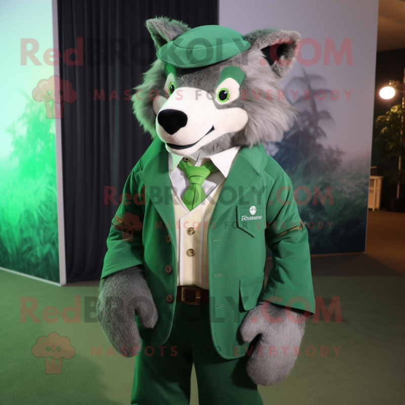 Green Wolf mascot costume character dressed with a Coat and Pocket squares