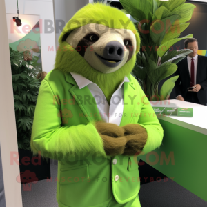 Lime Green Sloth mascot costume character dressed with a Blazer and Hair clips