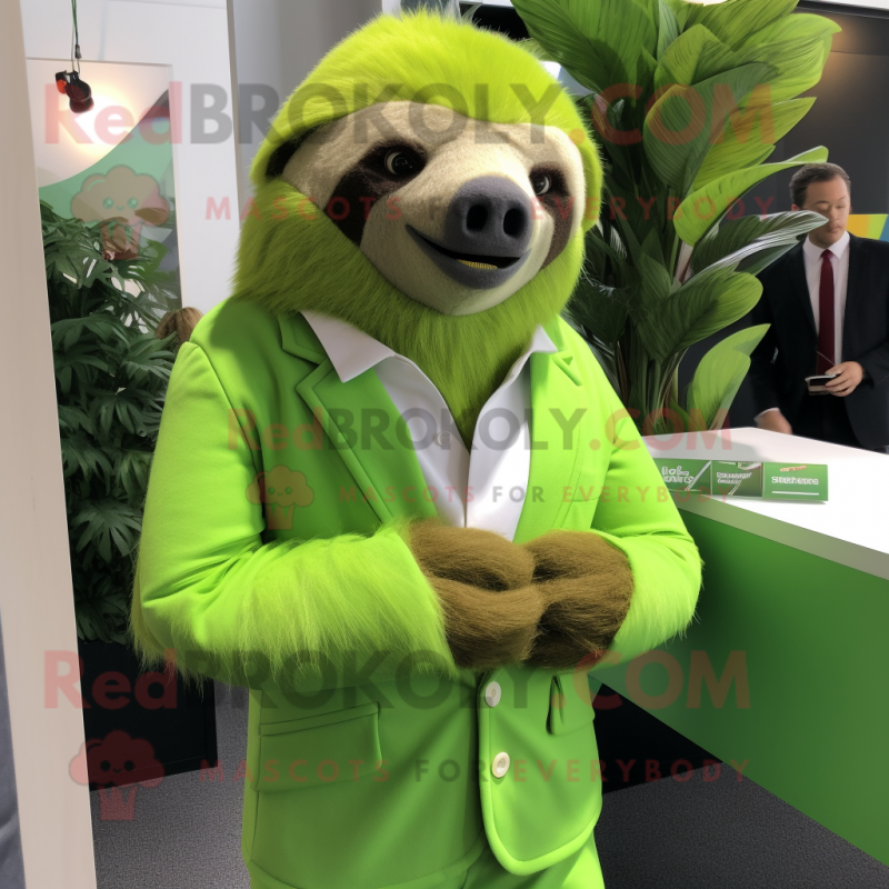 Lime Green Sloth mascot costume character dressed with a Blazer and Hair clips Lime Green Sloth mascot costume character dressed with a Blazer and Hair clips