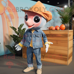 Peach Swordfish mascot costume character dressed with a Chambray Shirt and Earrings