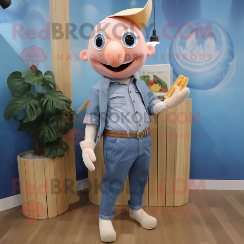 Peach Swordfish mascot costume character dressed with a Chambray Shirt and Earrings