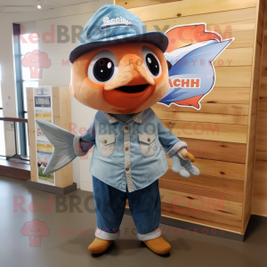 Peach Swordfish mascot costume character dressed with a Chambray Shirt and Earrings