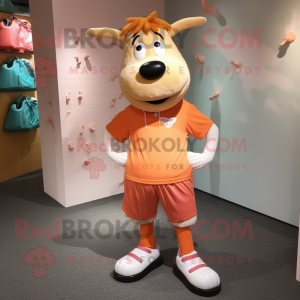 Peach Jersey Cow mascot costume character dressed with a Henley Tee and Shoe laces