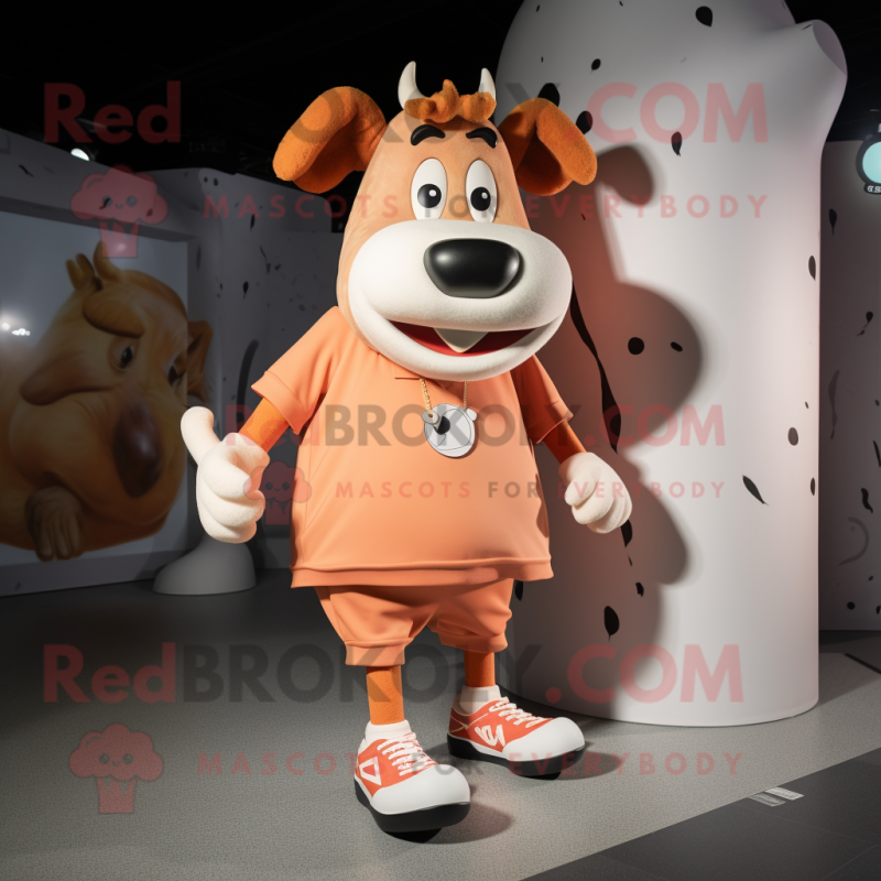 Peach Jersey Cow mascot costume character dressed with a Henley Tee and Shoe laces