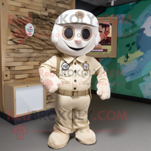 Cream Commando mascot costume character dressed with a Dungarees and Brooches