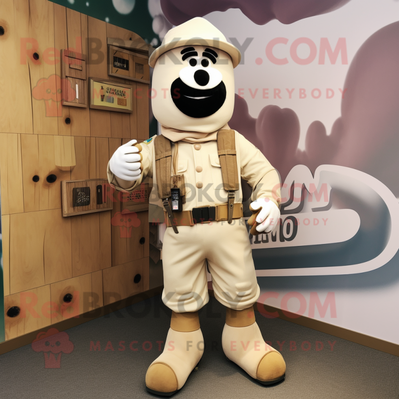 Cream Commando mascot costume character dressed with a Dungarees and Brooches Cream Commando mascot costume character dressed with a Dungarees and Brooches