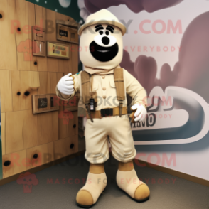 Cream Commando mascot costume character dressed with a Dungarees and Brooches