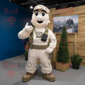 Cream Commando mascot costume character dressed with a Dungarees and Brooches