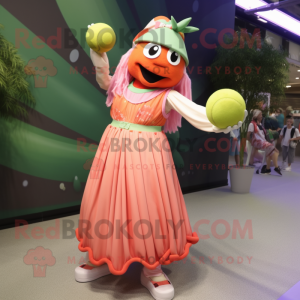 Peach Juggle mascot costume character dressed with a Maxi Dress and Bracelets