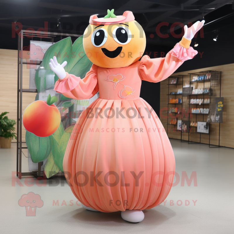 Peach Juggle mascot costume character dressed with a Maxi Dress and Bracelets