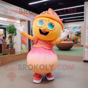 Peach Juggle mascot costume character dressed with a Maxi Dress and Bracelets