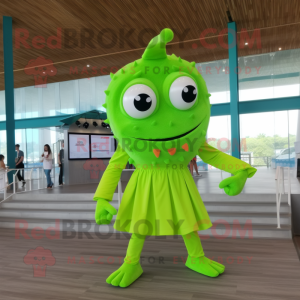 Lime Green Stilt Walker mascot costume character dressed with a One-Piece Swimsuit and Hairpins