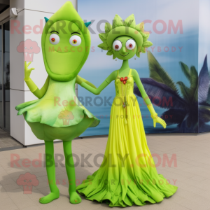 Lime Green Stilt Walker mascot costume character dressed with a One-Piece Swimsuit and Hairpins