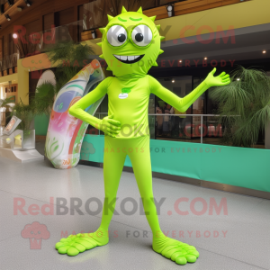 Lime Green Stilt Walker mascot costume character dressed with a One-Piece Swimsuit and Hairpins