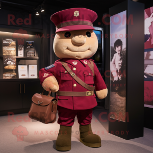 Maroon Army Soldier mascot costume character dressed with a Henley Shirt and Messenger bags