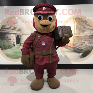 Maroon Army Soldier mascot costume character dressed with a Henley Shirt and Messenger bags