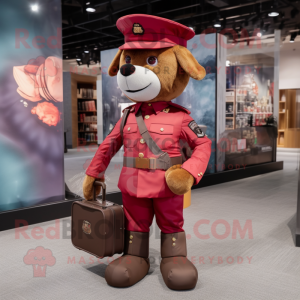 Maroon Army Soldier mascot costume character dressed with a Henley Shirt and Messenger bags