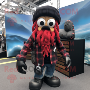 Black Kraken mascot costume character dressed with a Flannel Shirt and Wallets