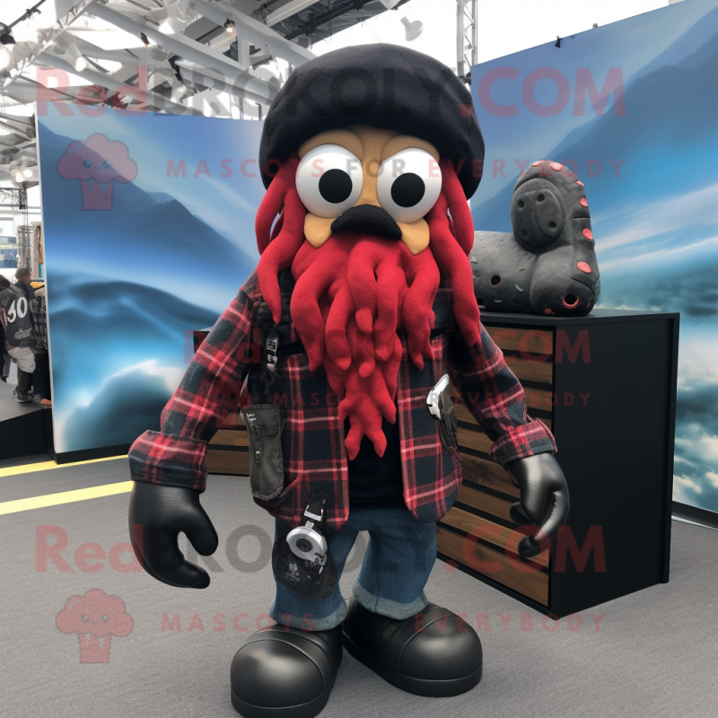 Black Kraken mascot costume character dressed with a Flannel Shirt and Wallets