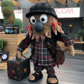 Black Kraken mascot costume character dressed with a Flannel Shirt and Wallets