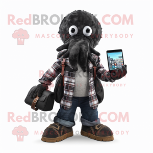 Black Kraken mascot costume character dressed with a Flannel Shirt and Wallets