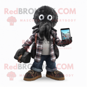 Black Kraken mascot costume character dressed with a Flannel Shirt and Wallets