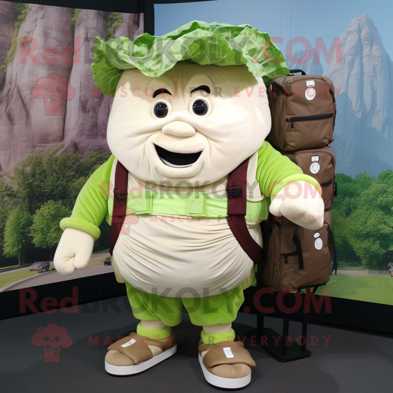 Cream Corned Beef And Cabbage mascot costume character dressed with a Cargo Shorts and Backpacks Cream Corned Beef And Cabbage mascot costume character dressed with a Cargo Shorts and Backpacks