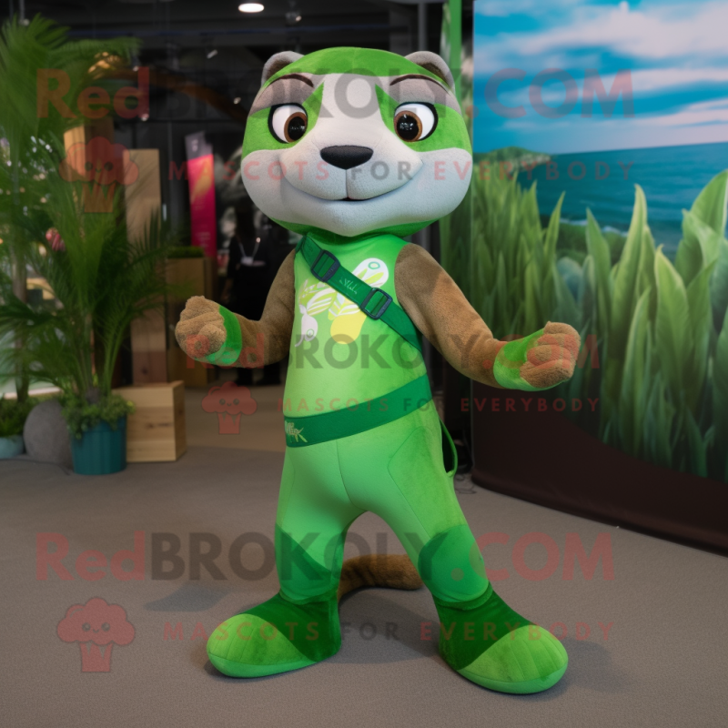 Green Ferret mascot costume character dressed with a Bikini and Shoe laces