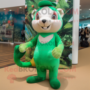 Green Ferret mascot costume character dressed with a Bikini and Shoe laces