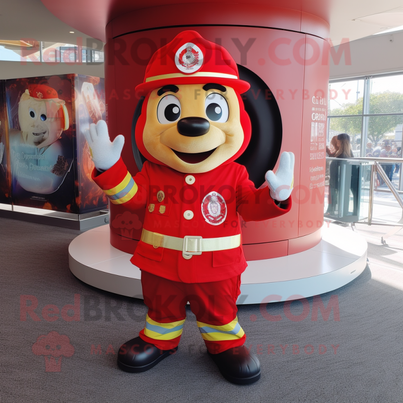 Red Fire Fighter mascot costume character dressed with a Circle Skirt and Beanies Red Fire Fighter mascot costume character dressed with a Circle Skirt and Beanies