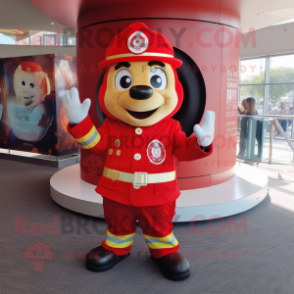 Red Fire Fighter mascot costume character dressed with a Circle Skirt and Beanies
