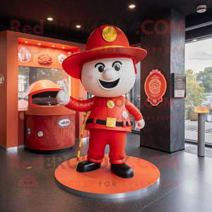 Red Fire Fighter mascot costume character dressed with a Circle Skirt and Beanies